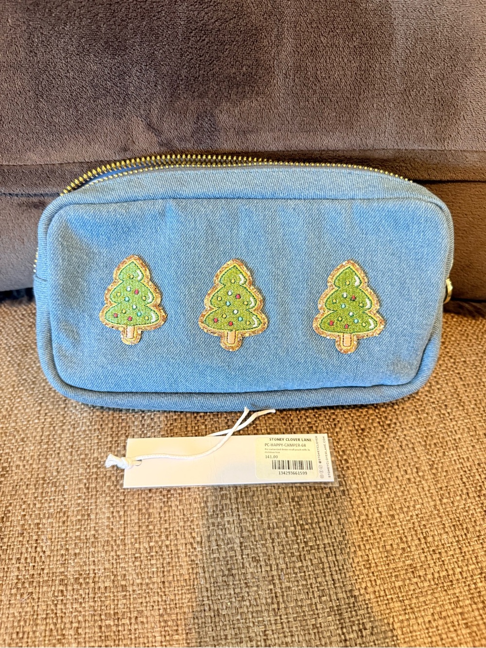 Stoney clover lane denim small pouch with 3 Christmas tree patches sewn on